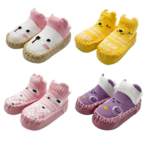 FedMois 4er Pack Baby Socken Hausschuhe Anti-Rutsch Krabbelschuhe Lauflernschuhe, Fuchs und Bär, 12-18 Monate von FedMois