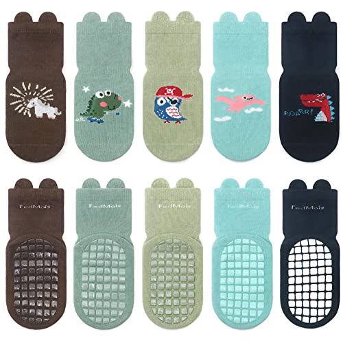 FedMois 5er Pack Baby Kleinkinder ABS rutschfeste Socken Sneaker Socken Tiermotive Baumwolle, Dinosaurier, 0-1 Jahr von FedMois