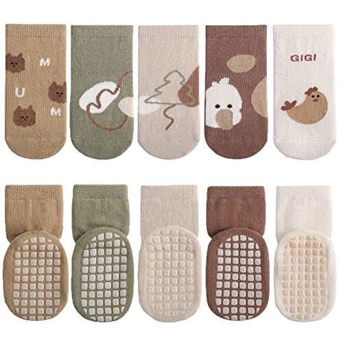 FedMois 5er Pack Baby Kleinkinder ABS rutschfeste Socken Sneaker Socken Tiermotive Baumwolle, Hähnchen, 1-3 Jahre von FedMois