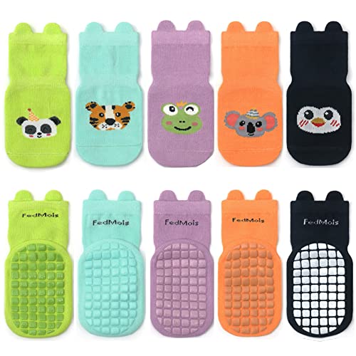 FedMois 5er Pack Baby Kleinkinder ABS rutschfeste Socken Sneaker Socken Tiermotive Baumwolle, Panda, 0-1 Jahr von FedMois