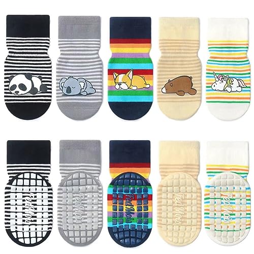 FedMois 5er Pack Baby Kleinkinder ABS rutschfeste Socken Sneaker Socken Tiermotive Baumwolle, Tiere, 1-3 Jahre von FedMois