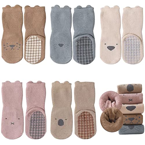 FedMois 5er Pack Baby Kleinkinder ABS rutschfeste Wintersocken dicke Thermosocken Baumwolle, Tiere, 1-3 Jahre von FedMois