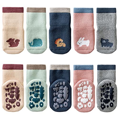 FedMois 5er Pack Baby Kleinkinder ABS rutschfeste Wintersocken dicke Thermosocken Baumwolle, Tiere, 1-3 Jahre von FedMois