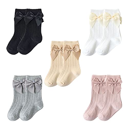 FedMois 5er Pack Baby Kleinkinder Socken Knielang Kniestrümpfe mit Schleife Baumwolle, 1-3 Jahre von FedMois