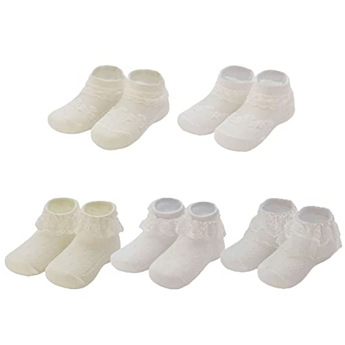 FedMois 5er Pack Baby Mädchen Socken mit Spitze Taufsöckchen Baumwolle, Weiß (5er Pack), 5-7 Jahre (Herstellergröße XL) von FedMois