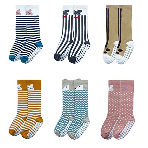 FedMois 6er Pack Baby Kleinkinder ABS rutschfeste Socken Knielang Kniestrümpfe Baumwolle, Tiere, 1-3 Jahre von FedMois