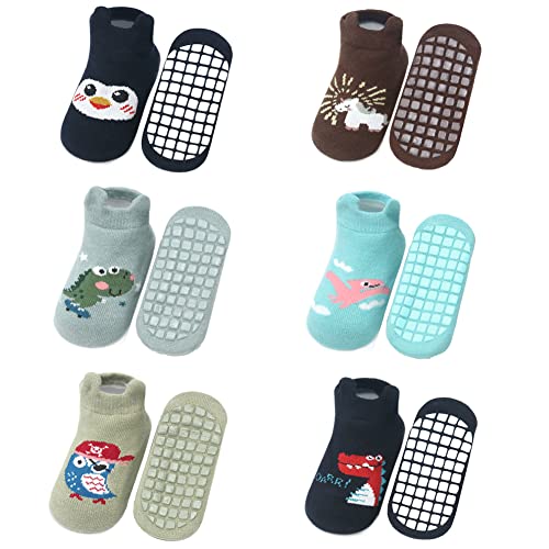 FedMois 6er Pack Baby Kleinkinder ABS rutschfeste Socken Sneaker Socken Tiermotive Baumwolle, Pinguin, 0-1 Jahr von FedMois