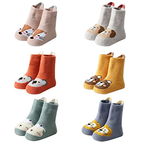 FedMois 6er Pack Baby Kleinkinder ABS rutschfeste Wintersocken dicke Thermosocken Baumwolle, Tiere, 1-3 Jahre von FedMois