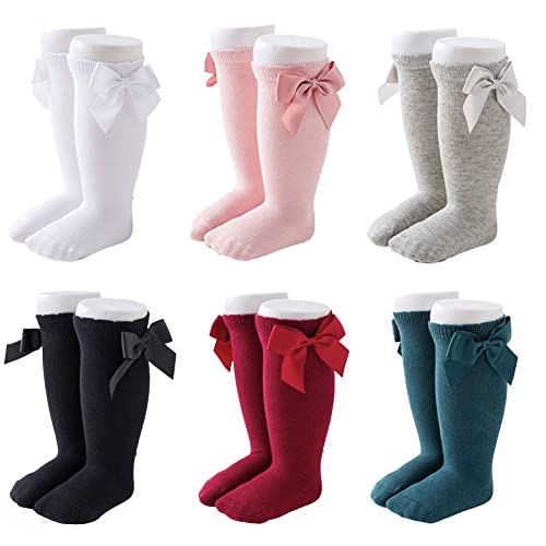 FedMois 6er Pack Baby Kleinkinder Socken Knielang Kniestrümpfe mit Schleife Baumwolle, 1-3 Jahre von FedMois