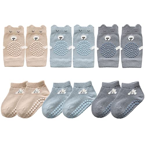 FedMois Baby Kleinkinder ABS rutschfeste Socken + Knieschoner für Krabbelbabys Baumwolle 6er Pack, Grau, Blau und Beige, 0-9 Monate von FedMois