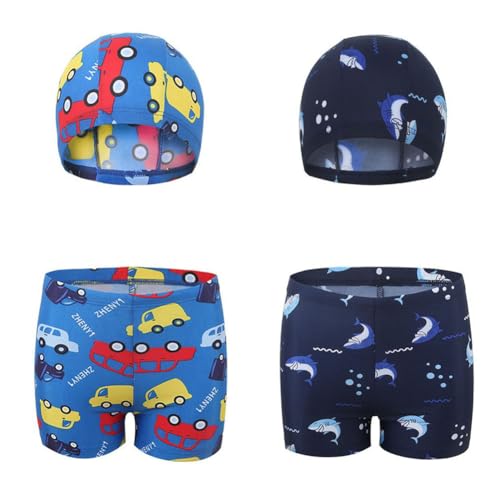 FedMois Jungen Badeanzug Badehose Schwimmkleidung 4er Set, 2 Badeshorts + 2 Bademütze, Haie und Autos, 7-9 Jahre von FedMois