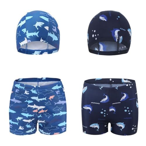 FedMois Jungen Badeanzug Badehose Schwimmkleidung 4er Set, 2 Badeshorts + 2 Bademütze, Haie und Fische, 4-5 Jahre von FedMois