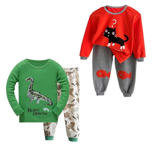 FedMois Kinder Jungen Mädchen 4-teiliges Schlafanzug Set Langarm Pyjamaset 100% Baumwolle, Katze und Dinosaurier, 2-3 Jahre von FedMois