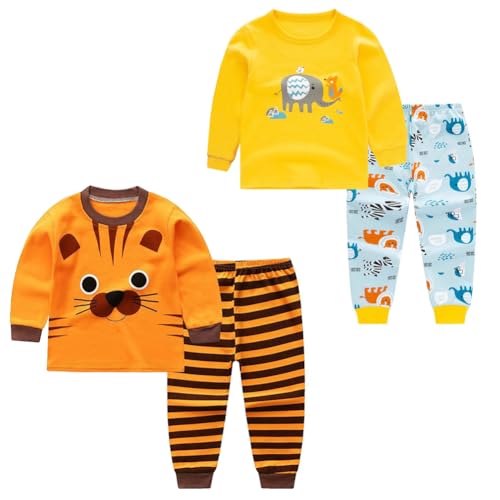 FedMois Kinder Jungen Mädchen 4-teiliges Schlafanzug Set Langarm Pyjamaset 100% Baumwolle, Tiger und Elefant, 2-3 Jahre von FedMois