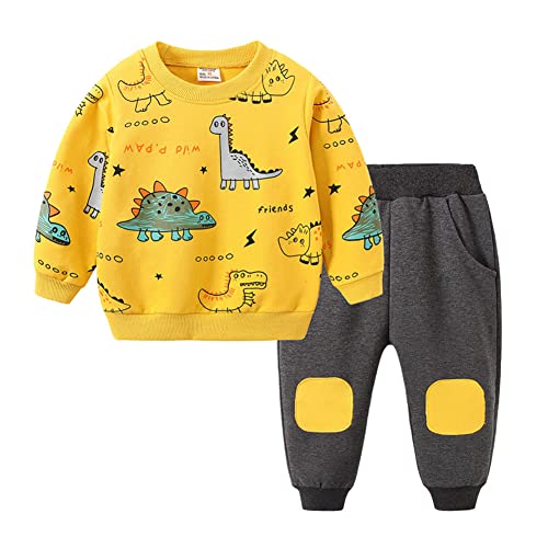 FedMois Kinder Trainingsanzug Sportanzug Sweatjacke + Hose Baumwolle, Dinosaurier gelb, Gr. 122/128 (Herstellergröße 130) von FedMois