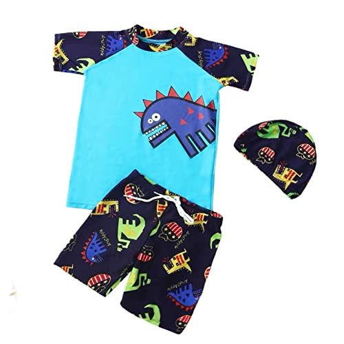 FedMois Kleinkinder Jungen Badeanzug 3-teiliges Schwimmkleidung Set Badeshirt Badeshorts Bademütze, Dinosaurier Blau, Gr. 116 (Herstellergröße 2XL) von FedMois