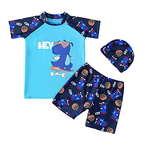 FedMois Kleinkinder Jungen Badeanzug 3-teiliges Schwimmkleidung Set Badeshirt Badeshorts Bademütze, Dinosaurier Skateboard, Gr. 116 (Herstellergröße 2XL) von FedMois