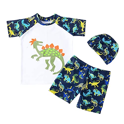 FedMois Kleinkinder Jungen Badeanzug 3-teiliges Schwimmkleidung Set Badeshirt Badeshorts Bademütze, Dinosaurier Weiß, Gr. 104/110 (Herstellergröße XL) von FedMois