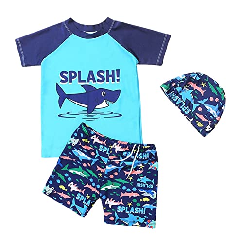 FedMois Kleinkinder Jungen Badeanzug 3-teiliges Schwimmkleidung Set Badeshirt Badeshorts Bademütze, Haie, Gr. 104/110 (Herstellergröße XL) von FedMois