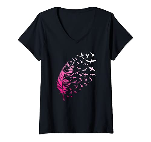 Damen Feder mit fliegenden Vögeln T-Shirt mit V-Ausschnitt Damen Feder mit fliegenden Vögeln T-Shirt mit V-Ausschnitt von Feder Vintage Vögel Kunst