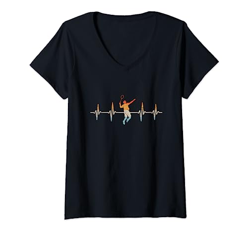 Damen Retro Badminton Herzschlag Sport Federball T-Shirt mit V-Ausschnitt Damen Retro Badminton Herzschlag Sport Federball T-Shirt mit V-Ausschnitt von Federball & Badminton Geschenke Zubehör