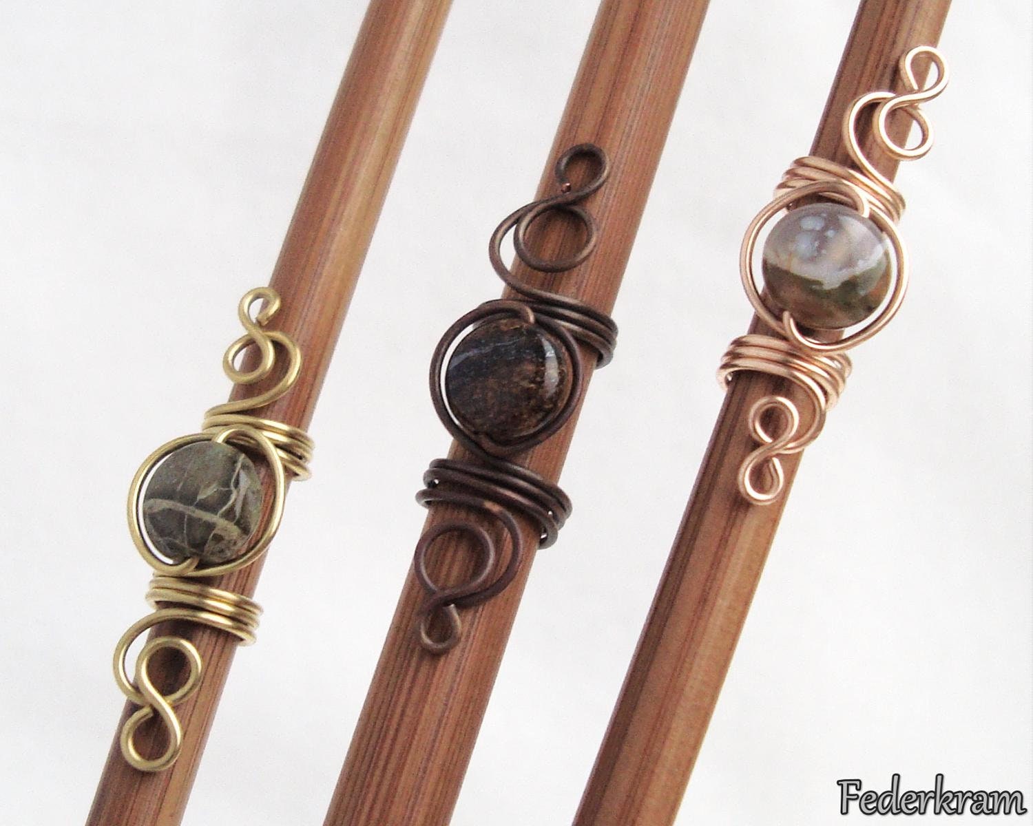 3x Haarperlen Mix Mit Edelsteinperlen Bronzit, Schlangenhaut Jaspis, Ryolith. Dreadperlen, Großlochperlen, Dreadschmuck von Federkram