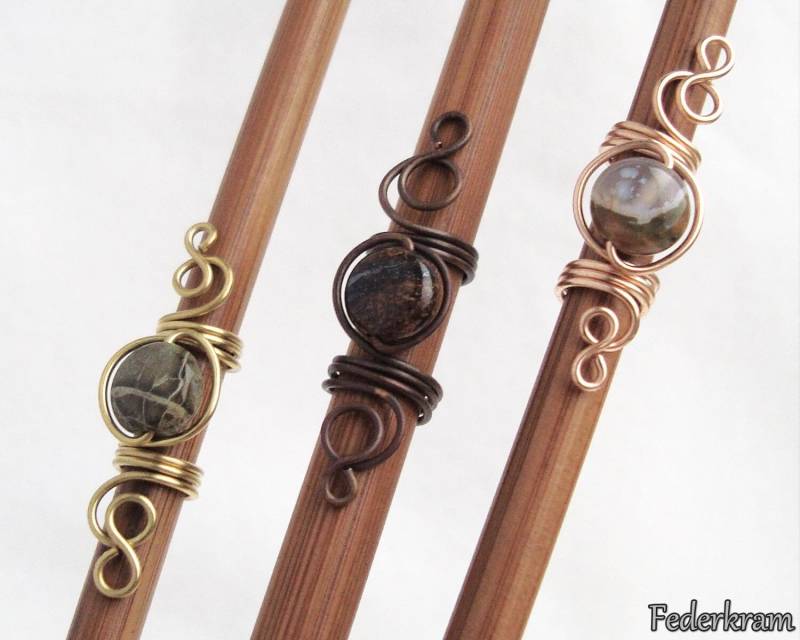 3x Haarperlen Mix Mit Edelsteinperlen Bronzit, Schlangenhaut Jaspis, Ryolith. Dreadperlen, Großlochperlen, Dreadschmuck von Federkram