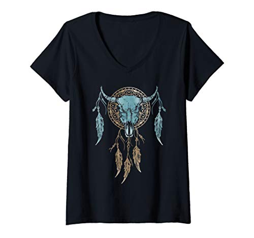 Damen Rodeo I Ochsenkopf Federschmuck I Stylishes Traumfänger T-Shirt mit V-Ausschnitt Damen Rodeo I Ochsenkopf Federschmuck I Stylishes Traumfänger T-Shirt mit V-Ausschnitt von Federn I Bullenkopf I Traumfänger Geschenke