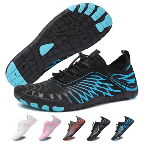 Hike Barfußschuhe Damen Herren Pro Wasserschuhe Breite Zehenbox rutschfest Unisex Athletic Outdoor Laufschuhe, Fm001-black-blue, 8-8.5 Wide Women/6-6.5 Wide Men von FeedMoo