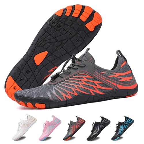 Hike Barfußschuhe Damen Herren Pro Wasserschuhe Breite Zehenbox rutschfest Unisex Athletic Outdoor Laufschuhe, Fm001-grau-orange, 10-10.5 Wide Women/8-8.5 Wide Men von FeedMoo