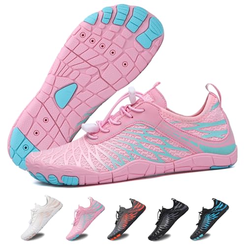 Hike Barfußschuhe Damen Herren Pro Wasserschuhe Breite Zehenbox rutschfest Unisex Athletic Outdoor Laufschuhe, Fm001-pink-blau, 7.5 Wide Women/5.5 Wide Men von FeedMoo