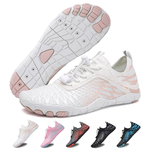 Hike Barfußschuhe Damen Herren Pro Wasserschuhe Breite Zehenbox rutschfest Unisex Athletic Outdoor Laufschuhe, Fm001-white-pink, 7 Wide Women/5 Wide Men von FeedMoo