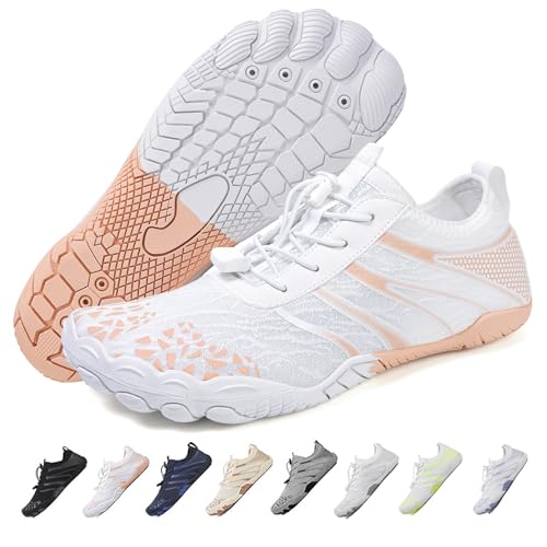 Hike Barfußschuhe Damen Herren Pro Wasserschuhe Breite Zehenbox rutschfest Unisex Athletic Outdoor Laufschuhe, Fm003-white-pink, 11-11.5 Wide Women/9-9.5 Wide Men von FeedMoo