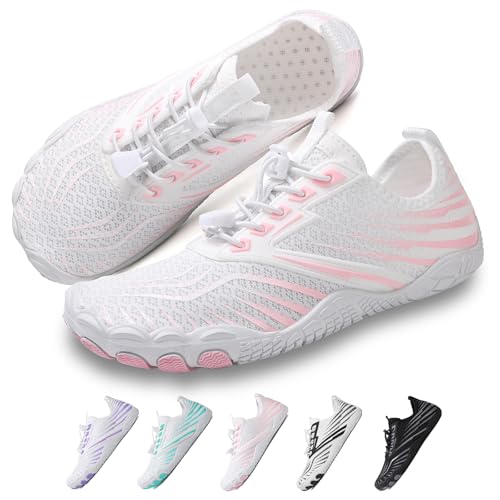 Hike Barfußschuhe Damen Herren Pro Wasserschuhe Breite Zehenbox rutschfest Unisex Athletic Outdoor Laufschuhe, Fm006 White Pink, 10-10.5 Wide Women/8-8.5 Wide Men von FeedMoo