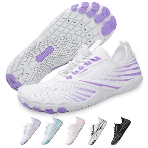 Hike Barfußschuhe Damen Herren Pro Wasserschuhe Breite Zehenbox rutschfest Unisex Athletic Outdoor Laufschuhe, Fm006 White Purple, 10-10.5 Wide Women/8-8.5 Wide Men von FeedMoo