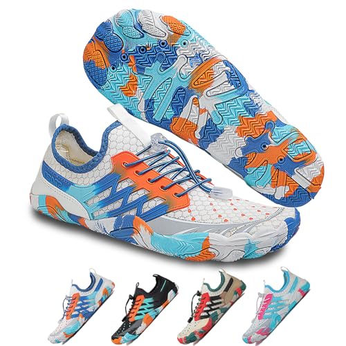 Hike Barfußschuhe Damen Herren Pro Wasserschuhe Breite Zehenbox rutschfest Unisex Athletic Outdoor Laufschuhe, Fm007 Weiß Blau, 9-9.5 Wide Women/7-7.5 Wide Men von FeedMoo