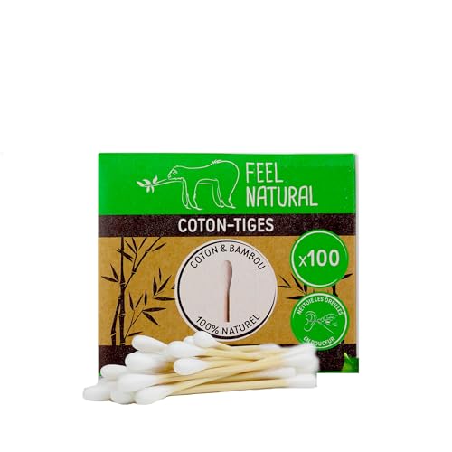 Wattestäbchen aus Bambus – Box mit 100 Wattestäbchen weiß, Bambus Feel Natural – Ohrhygiene, Make-up-Entferner von Feel Natural