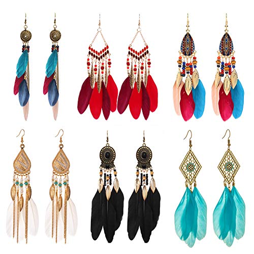 6 Paar Damen Fransen Feder Ohrringe Bohemien für Frauen Bohemian Faux Feder Ohrringes Kunstfeder Ohrringe Feder Böhmische Fransen Ohrringes für Frauen C von Feelava