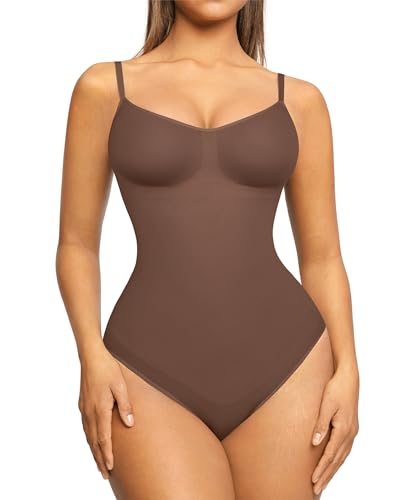 FeelinGirl Shapewear Damen Body Shaper Nahtlos Bauchweg Bodysuit Unterhose Schritt mit Knopfverschluss Miederbody mit Verstellbare Schultergurte Braun XL/XXL von FeelinGirl