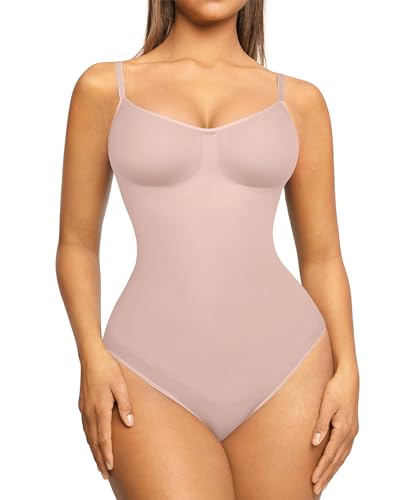 FeelinGirl Shapewear Damen Body Shaper Nahtlos Bauchweg Bodysuit Unterhose Schritt mit Knopfverschluss Miederbody mit Verstellbare Schultergurte Beige 3XL/4XL von FeelinGirl