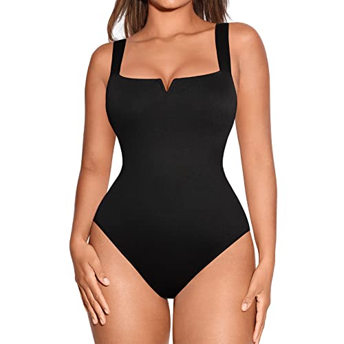 FeelinGirl Body Damen Shapewear Bauchweg Sommer Fashion Quadratischer Ausschnitt mit V-Öffnung Ausgehen-Tanktops Shaper Bodysuit Schwarz 3XL von FeelinGirl