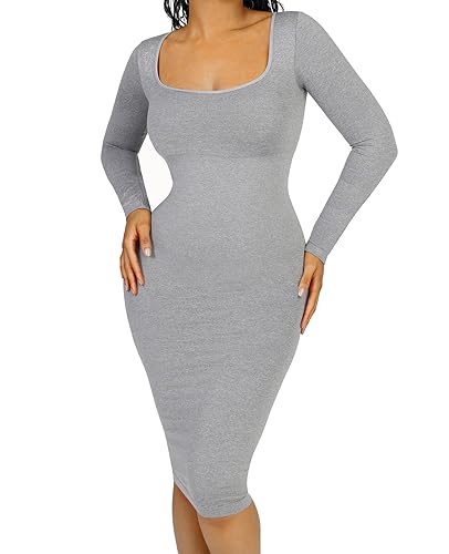 FeelinGirl Bodycon Kleid Shapewear für Damen mit Abnehmbarem BH-Pad Seamless Recyceltes Material Shaping Dress Langes mit Langarm Bauchweg Elegant Grau M/L von FeelinGirl