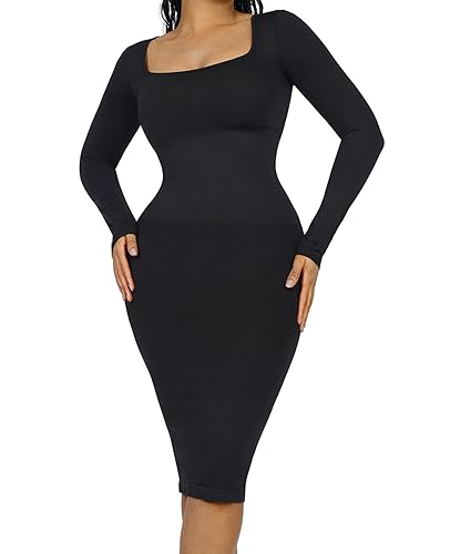 FeelinGirl Bodycon Kleid Shapewear für Damen mit Abnehmbarem BH-Pad Seamless Recyceltes Material Shaping Dress Langes mit Langarm Bauchweg Elegant Schwarz M/L von FeelinGirl