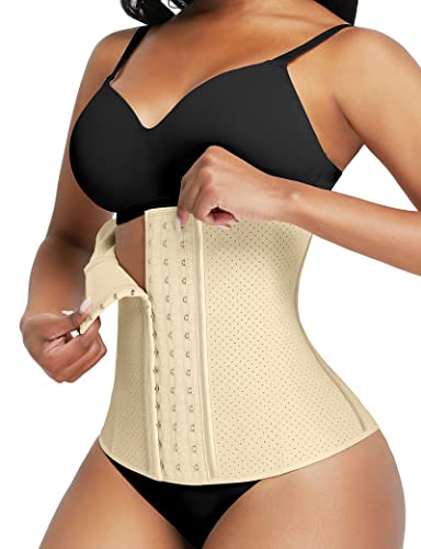 FeelinGirl Damen Trainer Korsett Atmungsaktiv mit Stanzung Taillenmieder 3-reihige Haken Unterbrust Cincher mit 9 Stahlknochen Latex Waist Shapewear Beige M von FeelinGirl