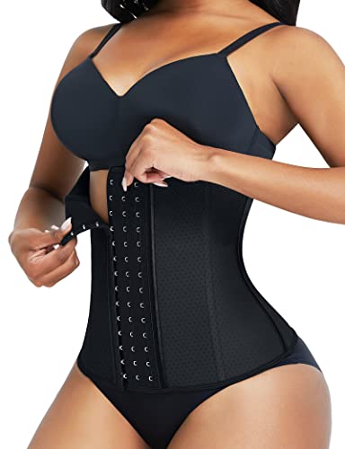 FeelinGirl Damen Trainer Korsett Atmungsaktiv mit Stanzung Taillenmieder 3-reihige Haken Unterbrust Cincher mit 9 Stahlknochen Latex Waist Shapewear Schwarz XL von FeelinGirl