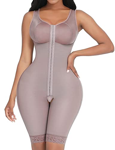 FeelinGirl Shapewear Damen Bauchweg Full Body Shaper mit 3 Haken Verstellbar Miederbody Stark Formend Ganzkörper Schenkel Schlankmacher Po Push Up Formende Bodys Große Größe Braun 4XL von FeelinGirl