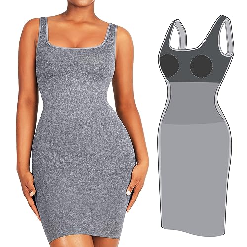 FeelinGirl Kleid Sommer Shapewear für Damen mit Abnehmbarem BH-Pad Seamless Cami Bodycon Bauchweg Recyceltes Material Shaping Dress Kurzes Elegant Grau M/L von FeelinGirl