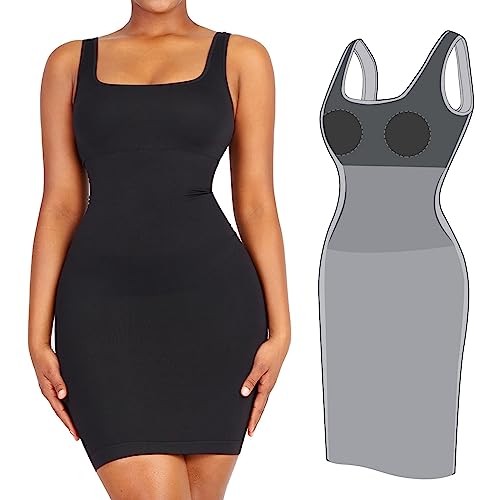 FeelinGirl Kleid Sommer Shapewear für Damen mit Abnehmbarem BH-Pad Seamless Cami Bodycon Bauchweg Recyceltes Material Shaping Dress Kurzes Elegant Schwarz XS/S von FeelinGirl