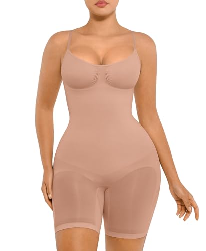 FeelinGirl Shapewear Damen Body Shaper Bauchweg Sculpting Nahtloser Atmungsaktiver Bodysuit mit Verstellbarem Schultergurt Überbrust V-Ausschnitt Beige M/L von FeelinGirl