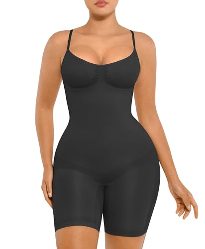 FeelinGirl Shapewear Damen Body Shaper Bauchweg Sculpting Nahtloser Atmungsaktiver Bodysuit mit Verstellbarem Schultergurt Überbrust V-Ausschnitt Schwarz XS/S von FeelinGirl